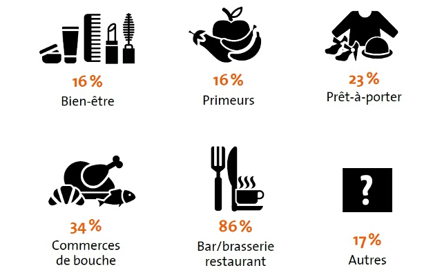 Bien-être : 16 % - Primeurs : 16 % - Prêt-à-porter : 23 % - Commerces de bouche : 34 % - bar / brasserie restaurant : 86 % - autres : 17 %